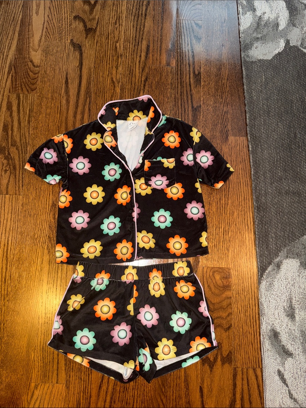 art class Black Short Flower Pajama Set with Pink, Yellow, Orange & Mint Flowers